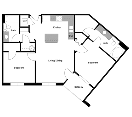 Floor plan for 2 beds, 2 baths, 973 sqft